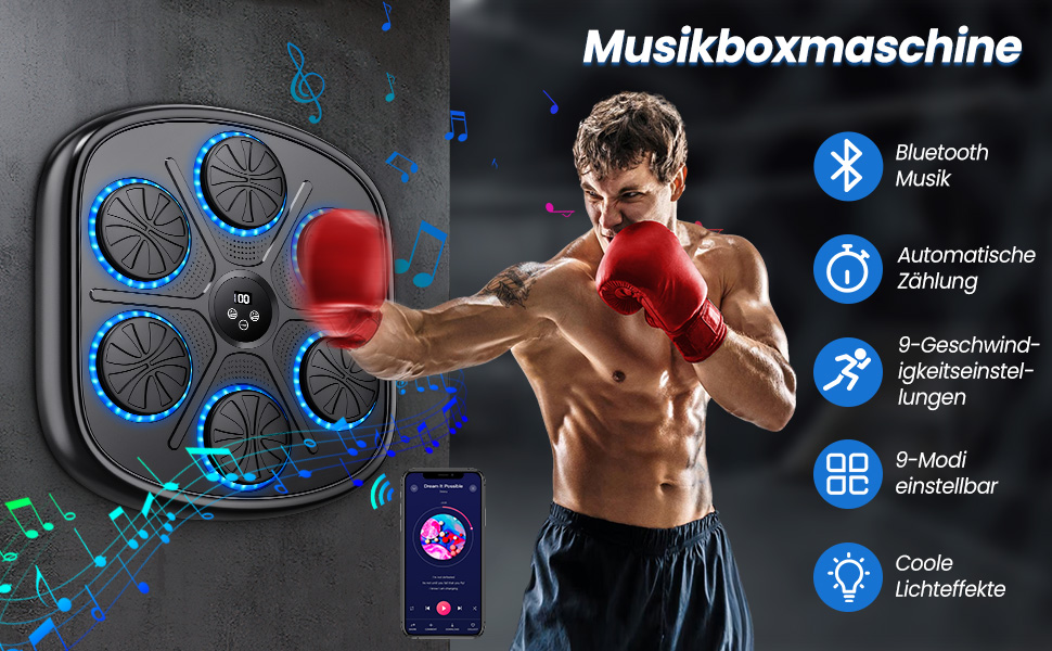 Музична боксівська машина з LED-дисплеєм, електронна боксерська тренажер для дому, 9 швидкостей, 9 режимів, Bluetooth, автоматичний підрахунок ударів, настінна ціль для дорослих та дітей