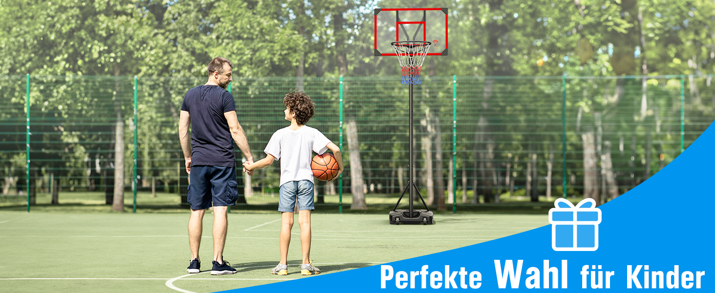 Баскетбольний кошик Outdoor з підставкою, регульована висота 147-260 см, ударостійка задня стінка 82x53 см, збільшений діаметр та колеса, для гри в приміщенні та на вулиці, червоний