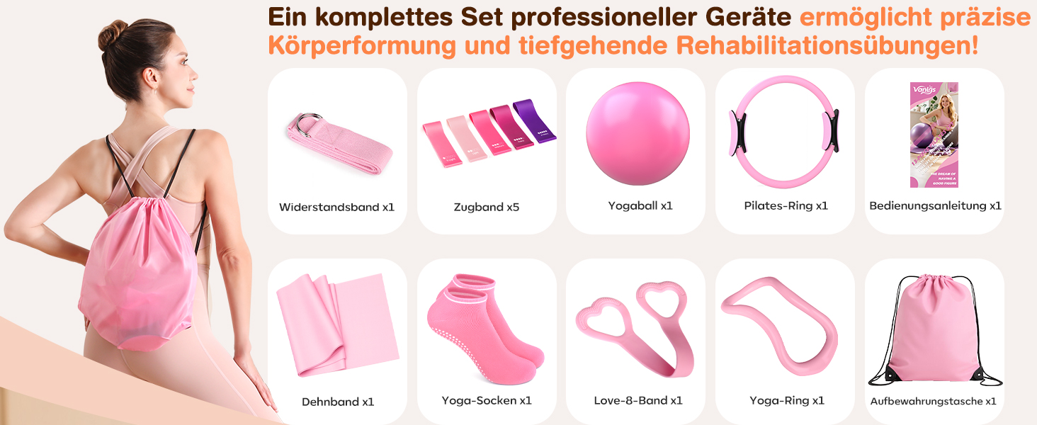 Набір для пілатесу 13 шт. для дому: кільце 13', м'яч 10' та еластичні стрічки. Комплект обладнання для пілатесу для жінок, початківців. Пілатес-стрічки та аксесуари (рожевий)