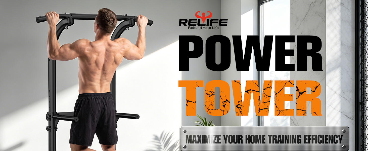 Багатофункціональна силова станція RELIFE Power Tower: турнік, бруси та впори для віджимань, регульована по висоті, для домашнього фітнесу (Чорний/Сірий)