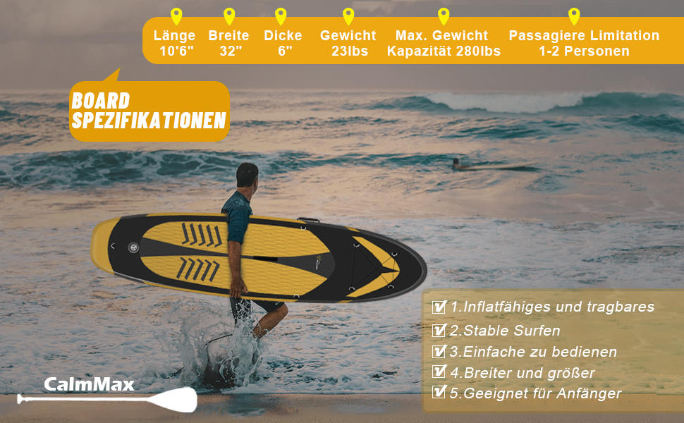 Надувне SUP-борд CalmMax 320x76x15 см, 10.6' (до 150 кг) з комплектом: весло, насос, аксесуари. Підходить для юнаків та дорослих, жовтий