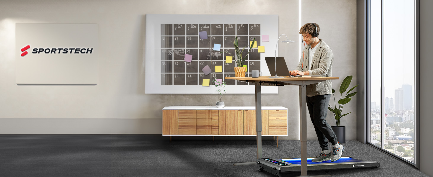 Біговий доріжки Sportstech sWalk для дому, Walking Pad, 1-8 км/год, під стіл, нахил 11,5%, тиха, з підключенням до додатку, вантажопідйомність 120 кг, компактний, LCD дисплей, для дому, колір дерево коричневий