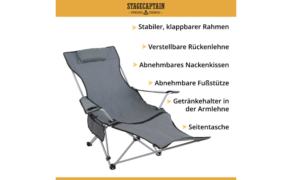 Кемпінгове крісло Stagecaptain CSF-600 MKII з підставкою для ніг, складане, сіре | Регульована спинка, підстаканник, сумка-чохол, поліестер 600D, навантаження до 110 кг