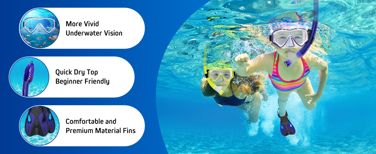 Набір для снорклінгу для дітей з ластами, маска з антизапітнінням 180° панорамний огляд, регульовані плавальні ласти та преміум сухий снорк, 3 в 1 набір для снорклінгу для дітей з сумкою, L/XL(31-36), блакитний