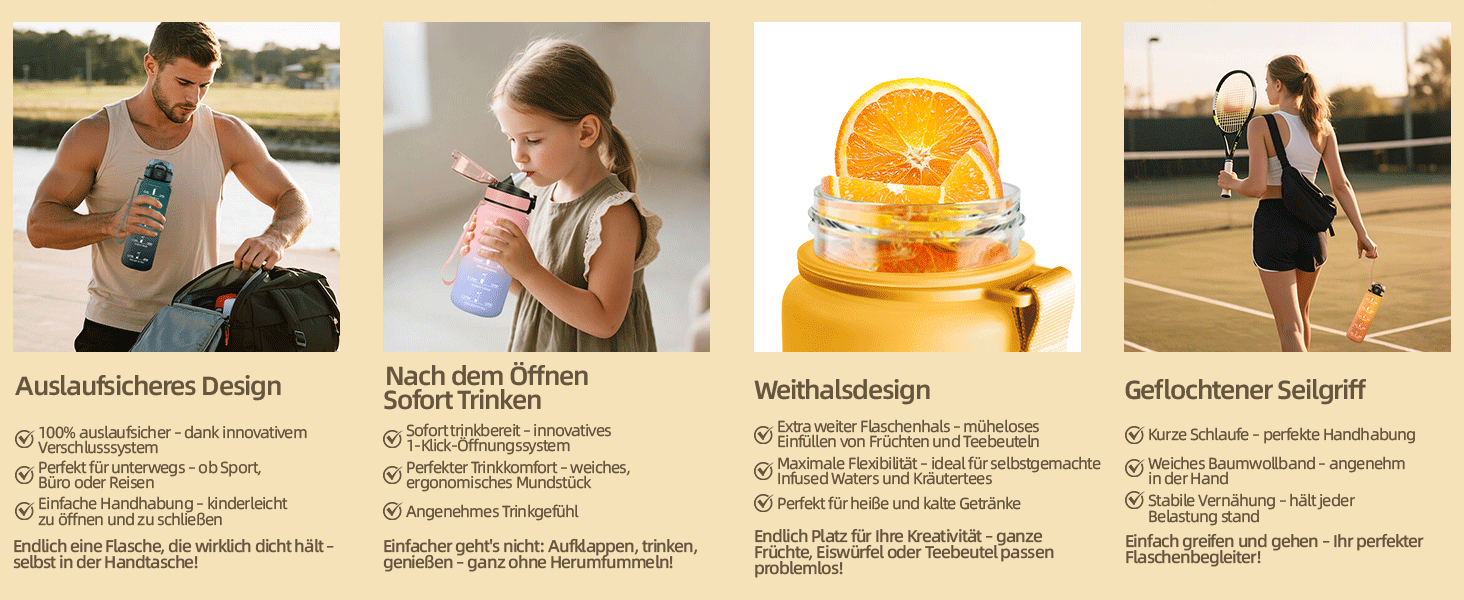 Фляга для води Motswedi з трубочкою, 1500 мл, BPA-Free, спортивна, не протікає, для фітнесу, школи, подорожей, офісу, жовтогаряча. Також доступна 500 мл рожево-блакитна