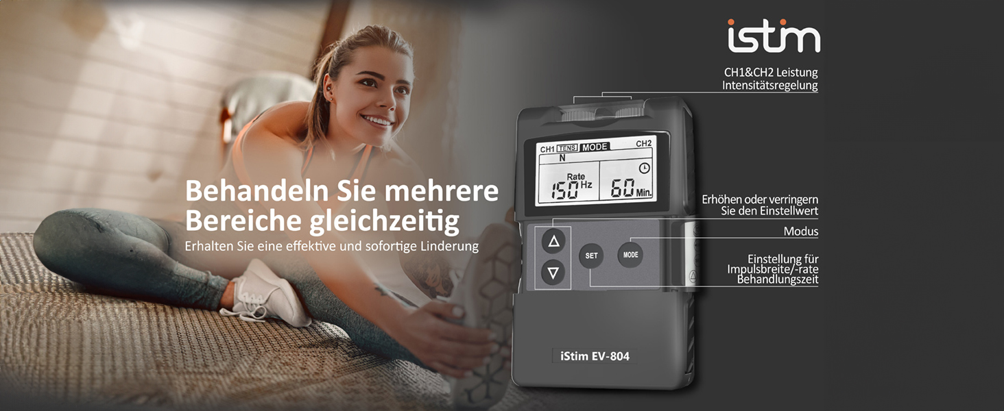 iStim EV-804 TENS/EMS: 2-канальний масажер для зняття болю та м'язової стимуляції – 24 програми, 7 режимів, 8 електродів, для спини, шиї, колін