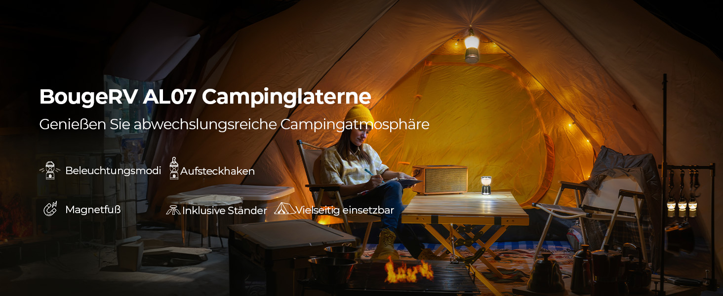 Ліхтар для кемпінгу BougeRV, акумуляторний, знімний штатив, 2700K, 400LM, IPX5, для кемпінгу, подорожей, надзвичайних ситуацій