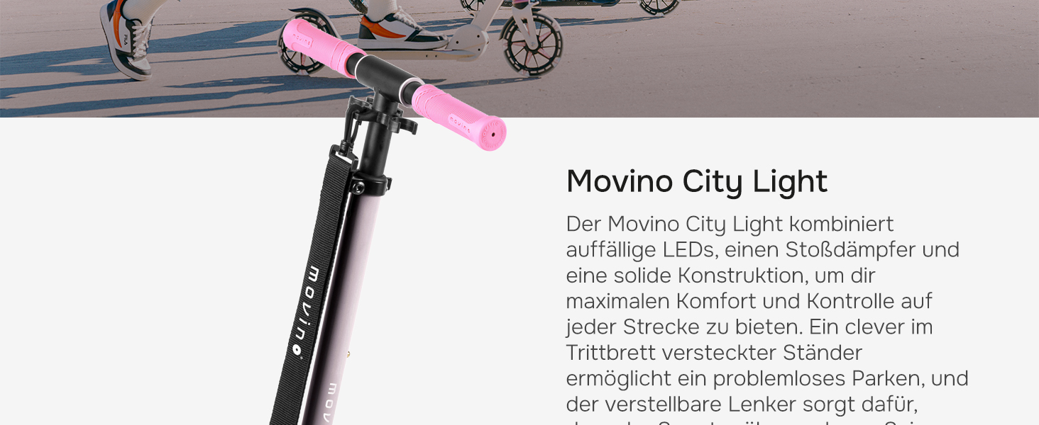 Електросамокат Movino City Light для дітей та підлітків, LED, 180мм колеса, амортизатор, регульований кермо, колір сіро-рожевий