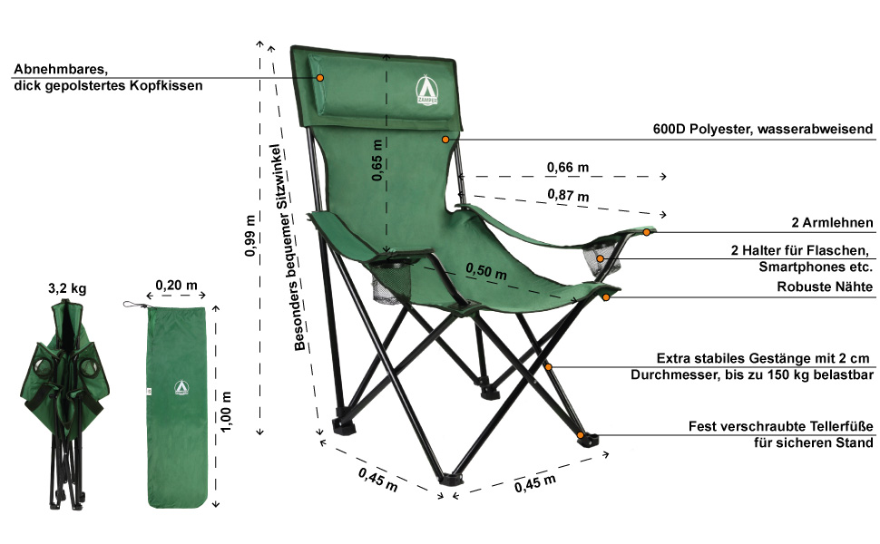 Крісло для кемпінгу Zamper 150 кг, складне – риболовне та кемпінгове з підстаканником та знімною подушкою для голови