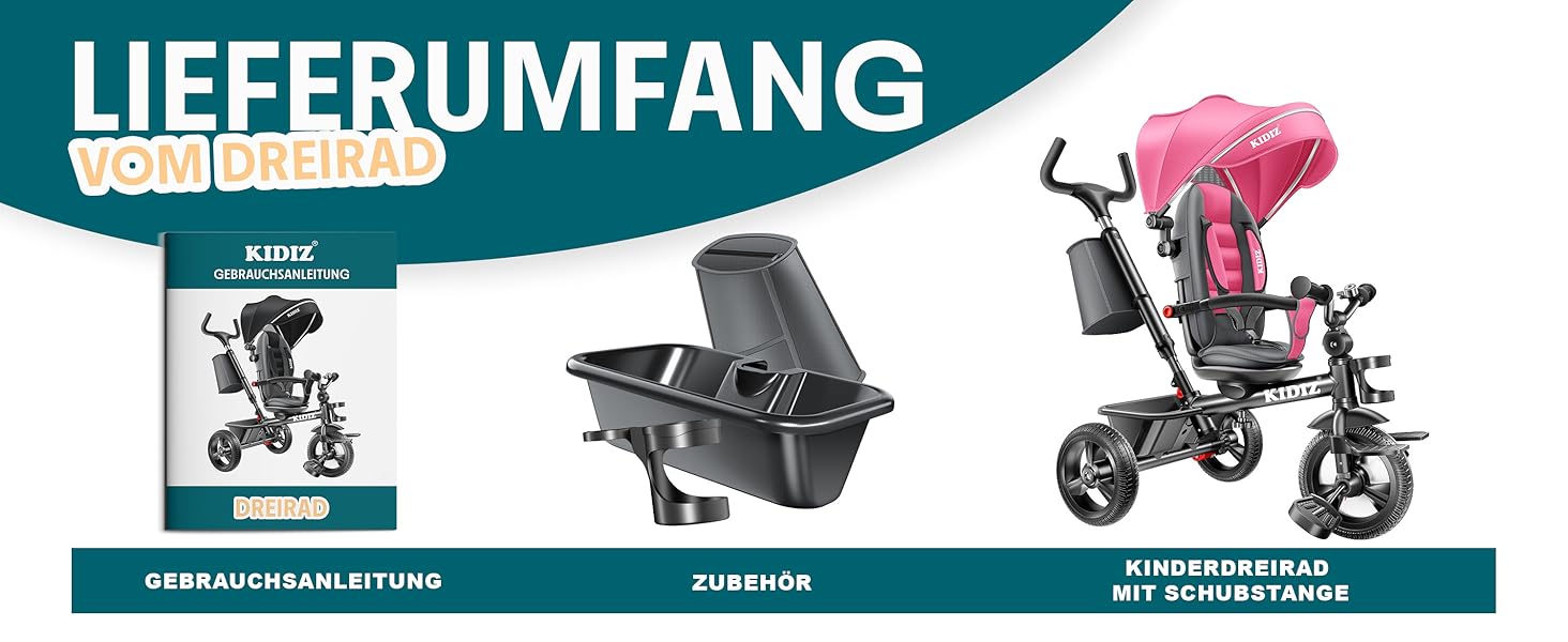 Дитяче триколісне велосипед KIDIZ 6в1 з батьківською ручкою, кошиком, дахом та гальмами. Підходить для дітей від 9 місяців до 25 кг. Рожевий.