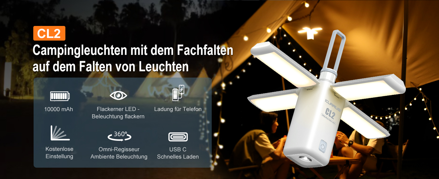 KLARUS CL2 Багатофункціональний кемпінговий ліхтар, 10000 mAh, 750 люмен, 8 режимів, IPX5, для кемпінгу, риболовлі, туризму