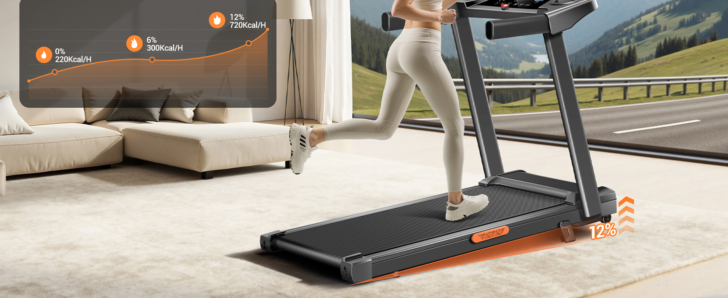 Біговий тренажер для дому складний з нахилом 9%-15%, швидкість 12 км/год, мотор 3.0 PS, 12 програм, максимальне навантаження 136 кг