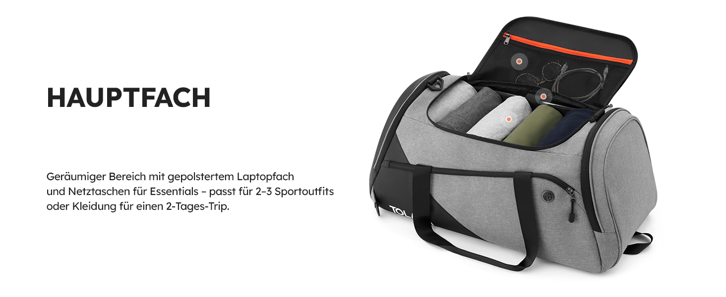 Спортивна сумка Tolaccea 47L з відділенням для взуття та мокрих речей - рюкзак, сумка для подорожей, фітнесу, тренувань (Сірий)