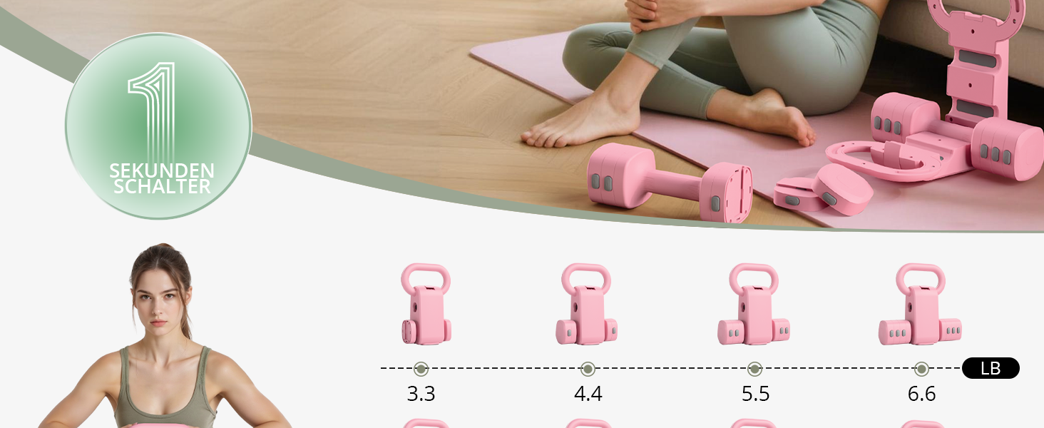 Регульований набір гантелей 2-в-1 для жінок – 4 рівні (1-5,5 кг) – обладнання для фітнесу вдома – зелені гантелі (рожевий)