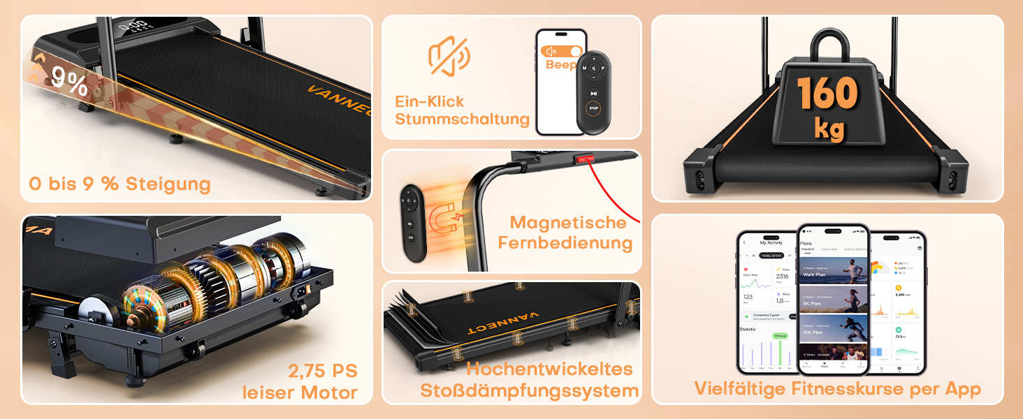 VANNECT Walking Pad - складане бігове полотно для дому, 1-12 км/год, кут нахилу 9%, LCD-дисплей, дистанційне керування, 150 кг, помаранчеве