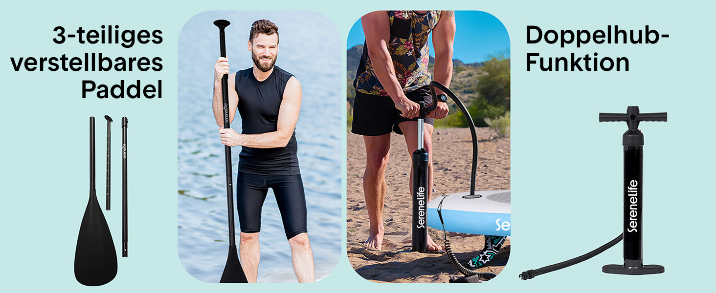 Надувний SUP СеренеЛайф для дорослих та дітей: комплект з веслом, насосом та сумкою. Touring SUP, рухлива дошка для плавання по морю, річці та озеру. Максимальне навантаження 155 кг, колір морської хвилі.