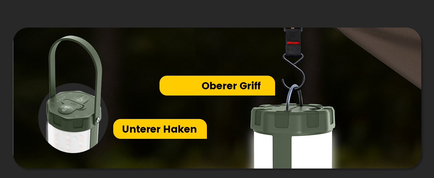 Ліхтар для кемпінгу Glocusent: 1200lm, водонепроникний IP68, 80 годин роботи, 5 режимів, SOS, з гумовим захистом та шнурком, сірий