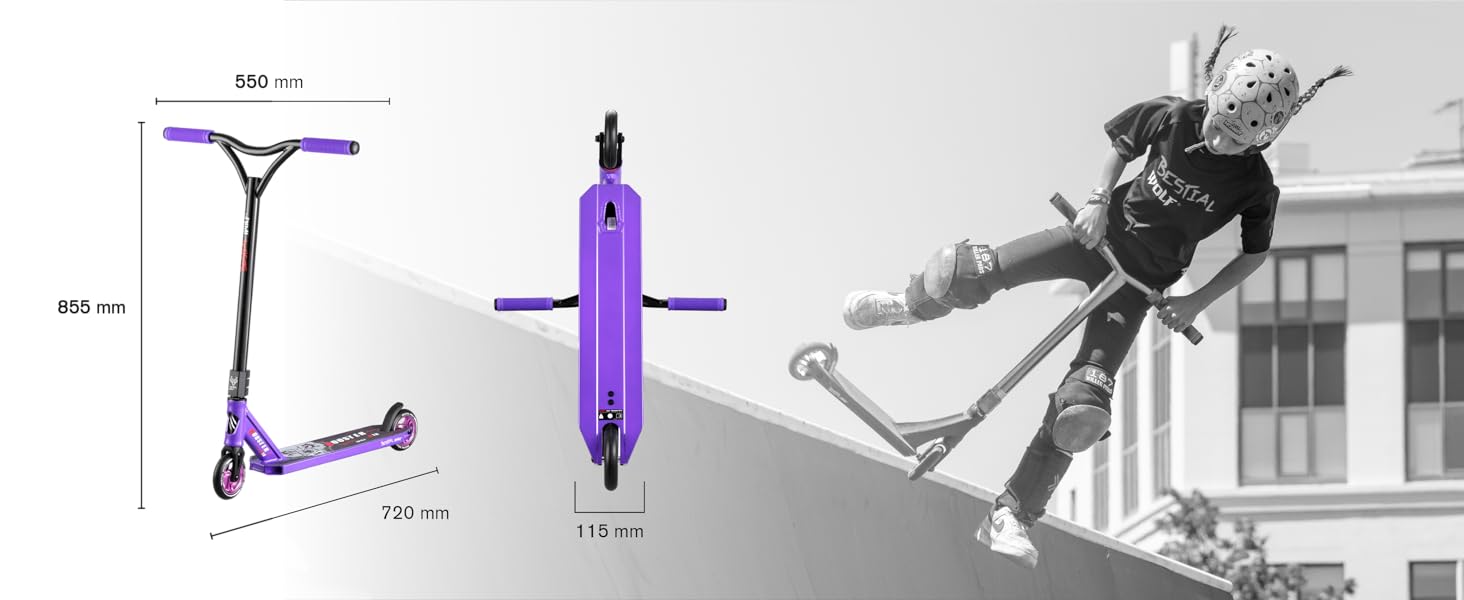 Звірячий вовк Бустер B18 Трюковий самокат Скутер Фрістайл Трюковий самокат Найкращий трюковий скутер Самокати для трюків Професійний скутер Сильний трюковий самокат. (Фіолетовий)