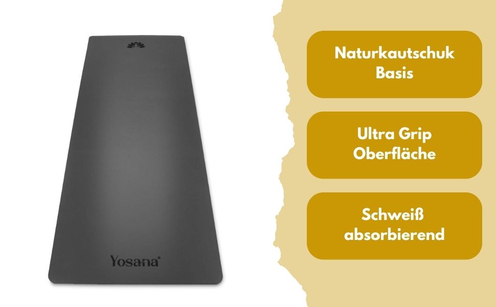 Килимок для йоги Yosana з натурального каучуку надзвичайно не ковзає Поверхня ULTRA GRIP з ECO PU дуже широка 68см включаючи ремінь для перенесення Килимок для йоги 183х68см Тонкий 4 мм (сірий)