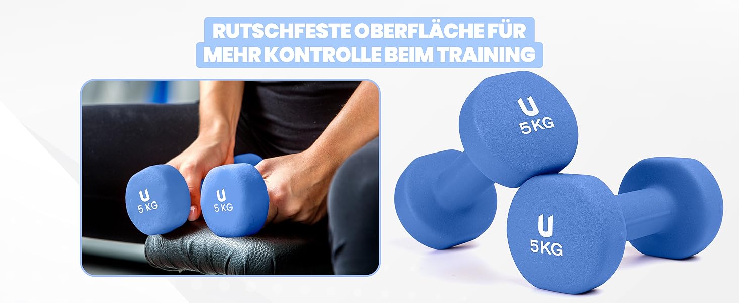 Гантелі неопренові Unycos 2 шт. 1-10 кг, короткі, антиковзаючі, для фітнесу, силових тренувань, пілатесу, дому (#07 Синій, 2 x 5 кг, круглі)