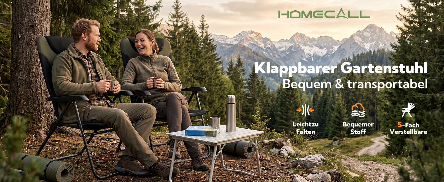 Кемпінгове крісло Homecall для саду та риболовлі, складаний шезлонг з підголівником та 5 рівнями регулювання спинки, зелене