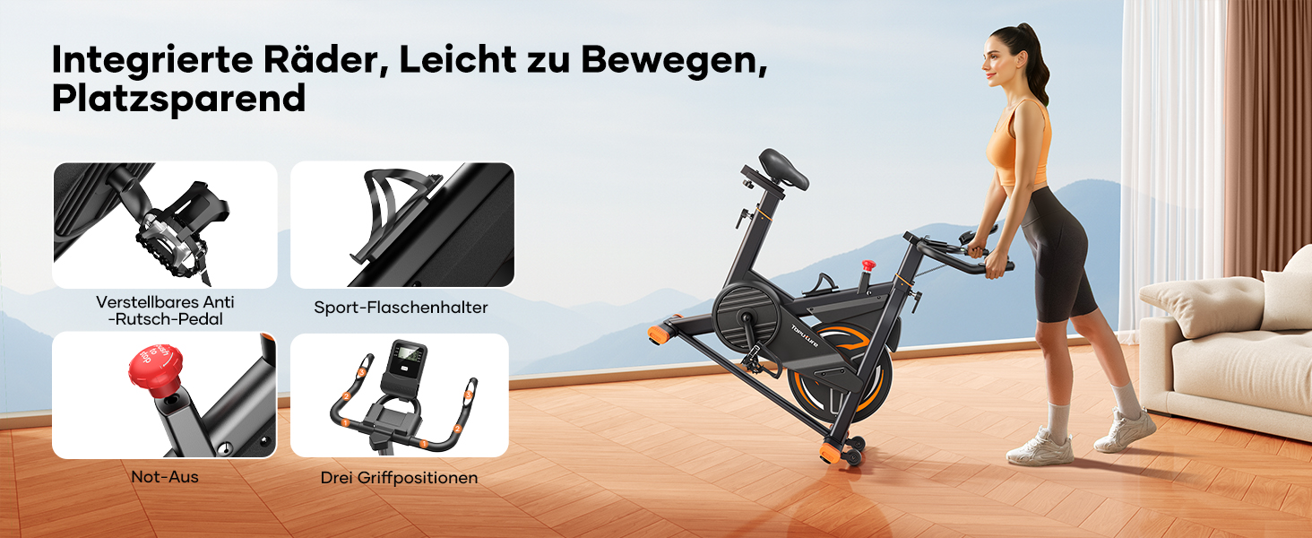 Велотренажер Neu Toputure з вимірюванням пульсу, 15 кг маховик, магнітний опір, до 160 кг, тримач для планшета, тримач для напоїв, помаранчевий