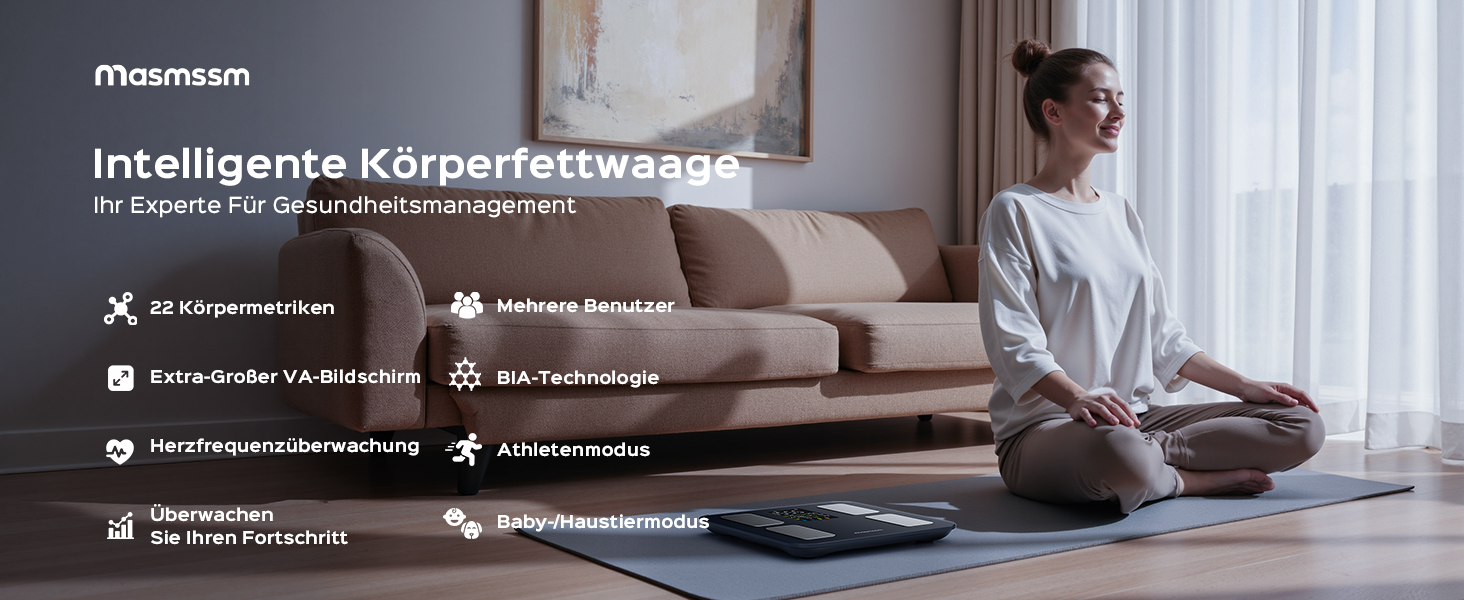 Ваги підлогові цифрові 8-в-1 Bluetooth Personenwaage: аналіз тіла, BMI, відсоток жиру, пульс, iOS/Android, до 180 кг