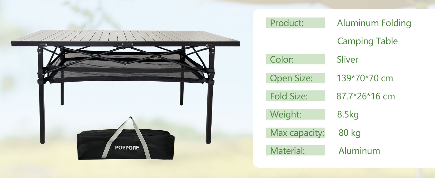 Складаний садовий стіл для кемпінгу Poepore, алюміній, 140x70x70 см, на 4-6 осіб, чорний