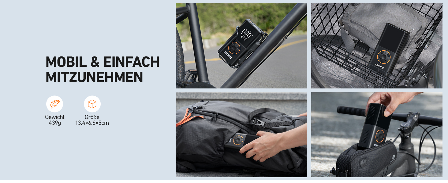 AstroAI Бездротова електрична повітряна помпа, портативна акумуляторна помпа для велосипеда з LED-ліхтариком, для велосипеда, електробіка, авто, мотоцикла, м'ячів (чорний)