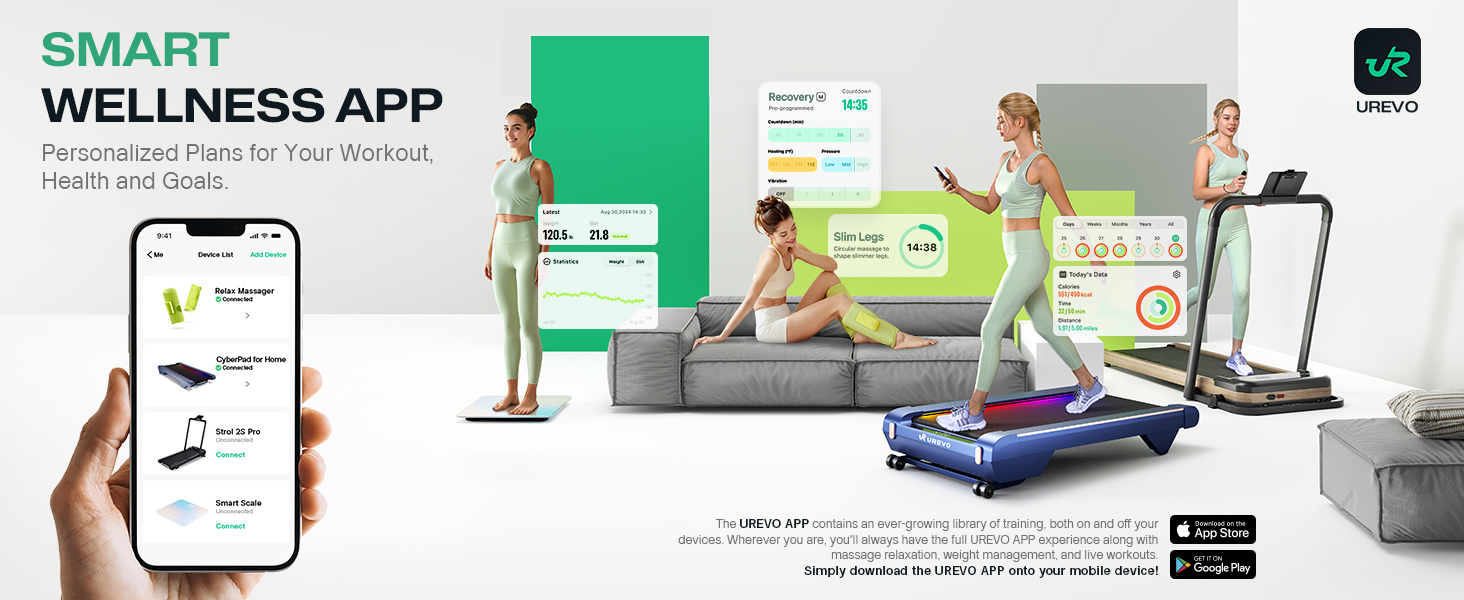 Бігова доріжка UREVO Smart Walking Pad з нахилом 14% для дому, підстільна, розширена бігова поверхня, LED-пульт, тиха безщіткова, швидкісне підсвічування, синій колір