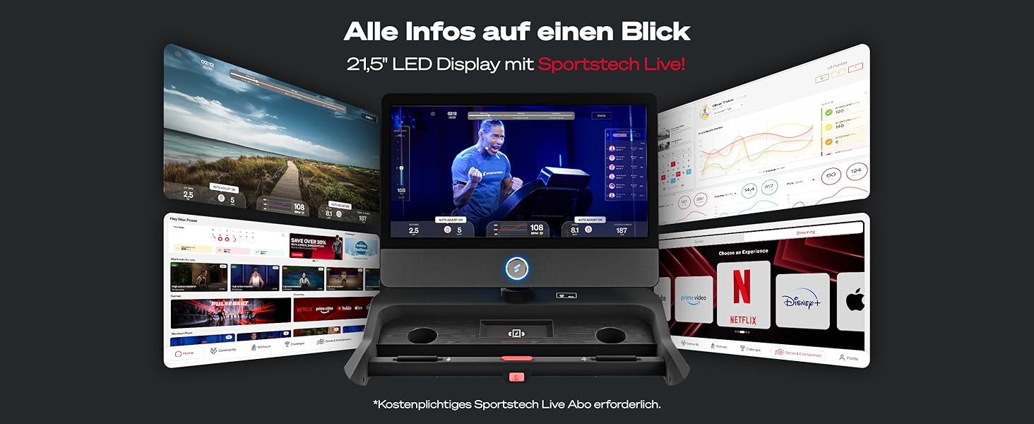 Біговий тренажер Sportstech sTread Pro/Lite: складний, до 20 км/год, нахил 15-17%, 150 кг, LED, сумісність з APP, тихий 7PS двигун, велика площа для бігу, німецька якісна марка