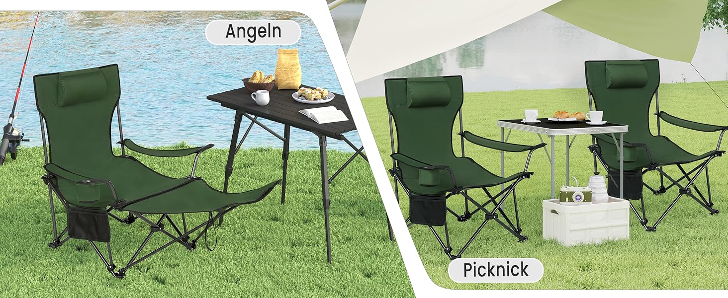 Крісло для кемпінгу Woltu, складне, для риболовлі, легке, з підніжкою та підлокітником, 150 кг, з сумкою, зелене