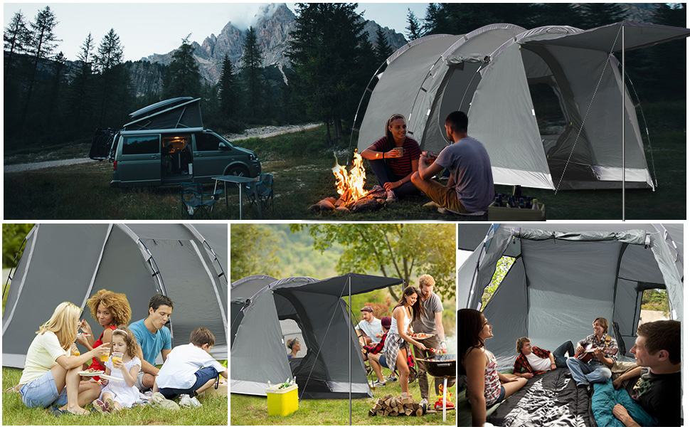 Намет для кемпінгу на 4 особи: водонепроникний тунельний намет для сім'ї та групи, з шатром для сну, сірий