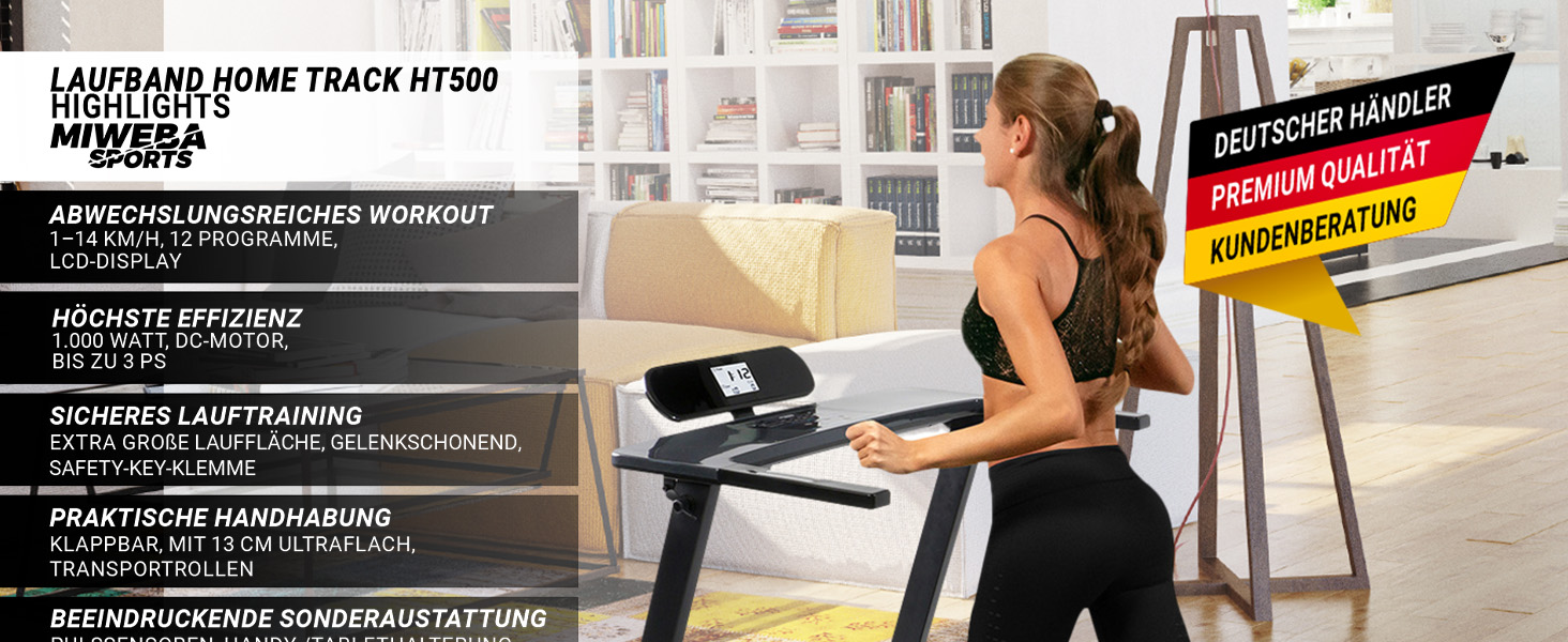 Електричний біговий тренажер Miweba Sports HT500: 3 PS, 14 км/год, 120 кг, складний, LCD, 12 програм | Чорний
