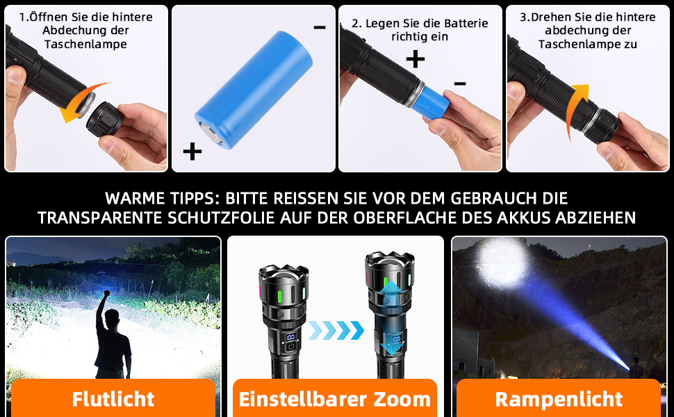 Ліхтар тактичний LED Azyvum, 1000000 люмен, Zoom, 5 режимів, водонепроникний IP67, для кемпінгу, риболовлі, туризму, надзвичайних ситуацій (чорний)