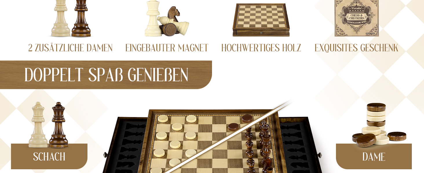 Шахи магнітні 2 в 1 Peradix з шахами-шашками з дерева, 32 см, з ящиком для фігур, для дітей та дорослих