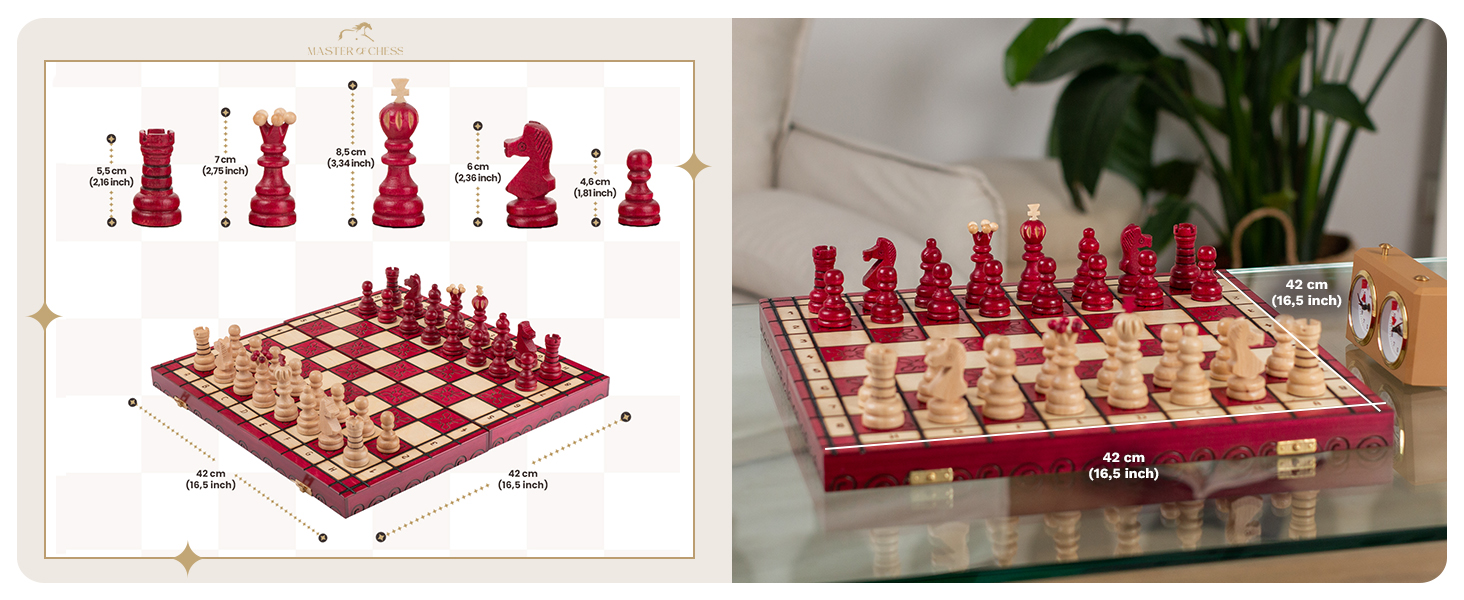 Шаховий набір Intarsien Pearl XL з вишневого дерева | Master of Chess | Класичний шаховий набір 42 см для дітей та дорослих | Шахове поле з фігурами (Червоний XL)