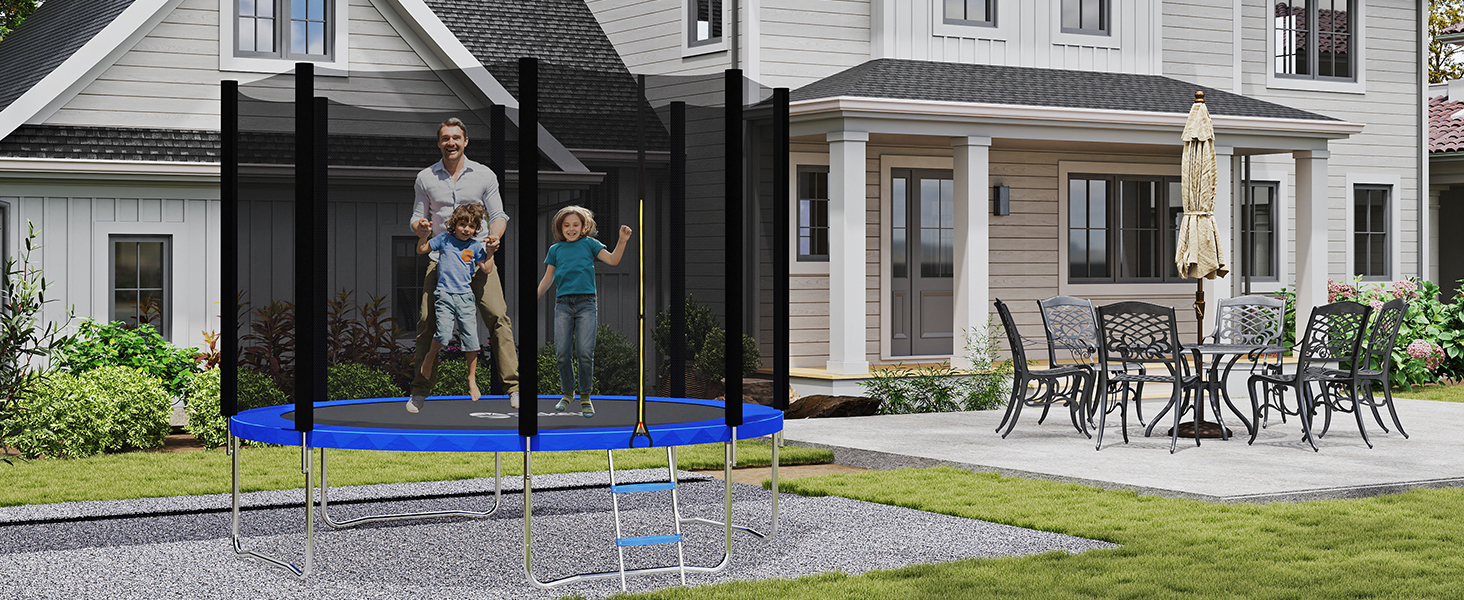 Батут Sekey Outdoor 244/305/366 см - сертифікований TÜV Rheinland GS, дитячий, для саду, з безпечним мотузковим драбиною, посиленим захисним сіткою та захисним бортиком, блакитний (305 см/10 футів)