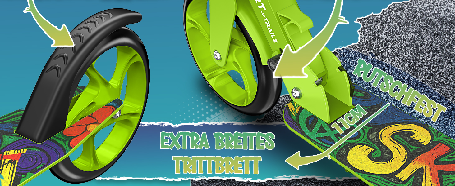 Дитячий та дорослий трюковий самокат Cityroller з дзвінком та ременем | Регульована висота, складаний, до 100 кг | Великі колеса, Kickscooter, турквіс