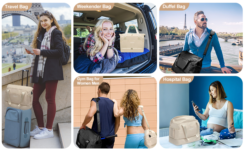 Дорожня спортивна сумка HenFit Weekender для жінок з відділенням для взуття та мокрих речей, бежева, для подорожей, фітнесу, йоги