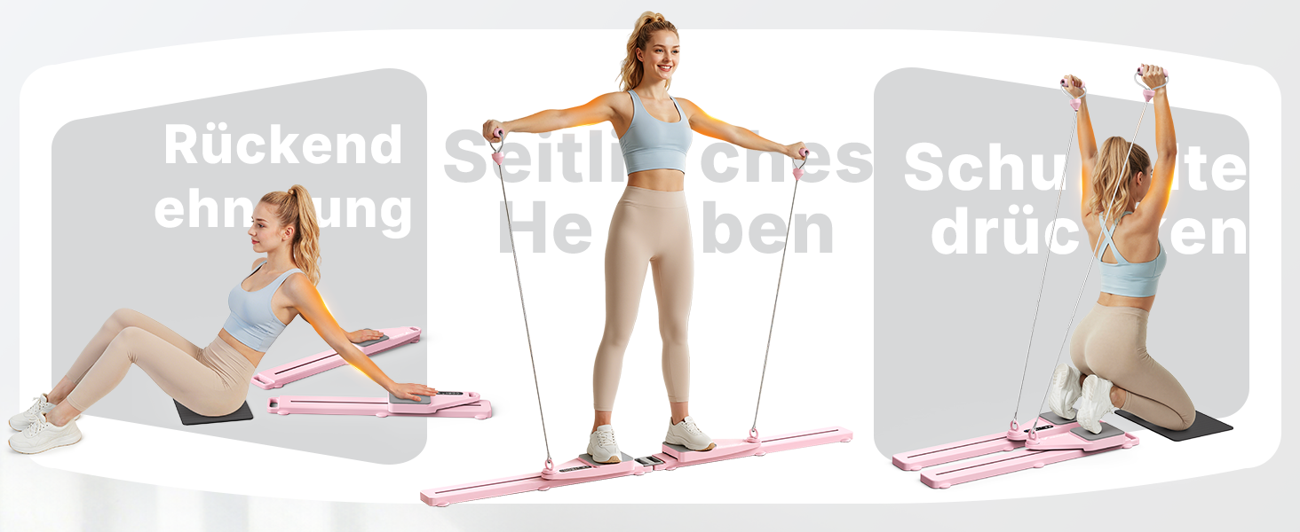 Реформатор для пілатесу MERACH – багатофункціональний тренажер для дому з еластичними стрічками, наколінниками, 120 кг, рожевий