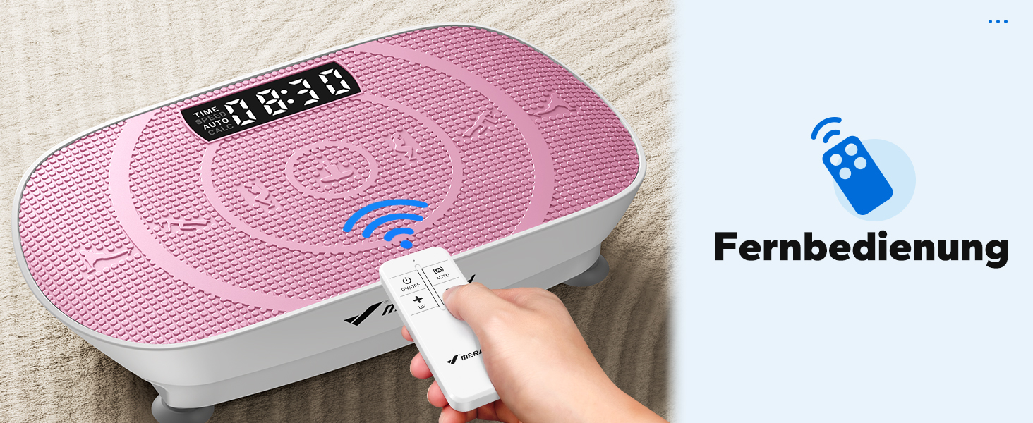 Вібраційна платформа MERACH для формування тіла та розслаблення. Тиха, компактна, з LED-дисплеєм, пульт дистанційного керування та комфортним силіконовим килимком. Рожева