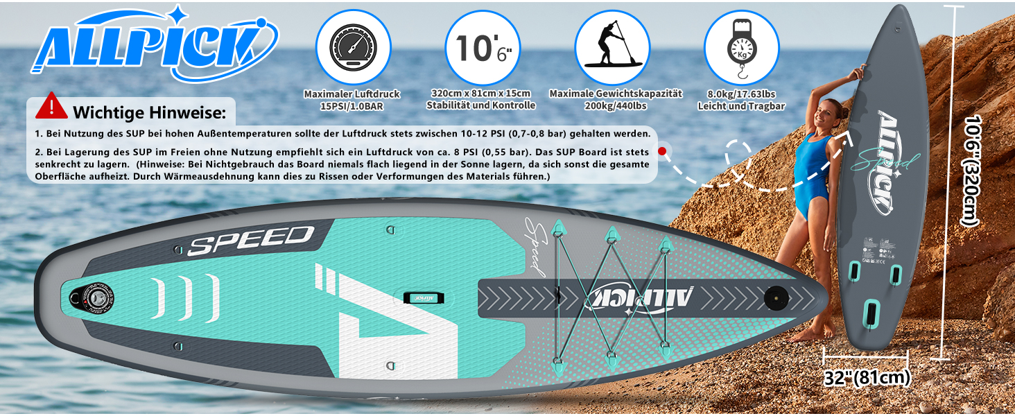 ALLPICK SUP Board Premium набір: Дошка для Stand Up Paddling надувна, з кріпленням для камери, повний комплект аксесуарів, регульоване весло, для початківців та просунутих, вантажопідйомність 200 кг, сіро-зелений