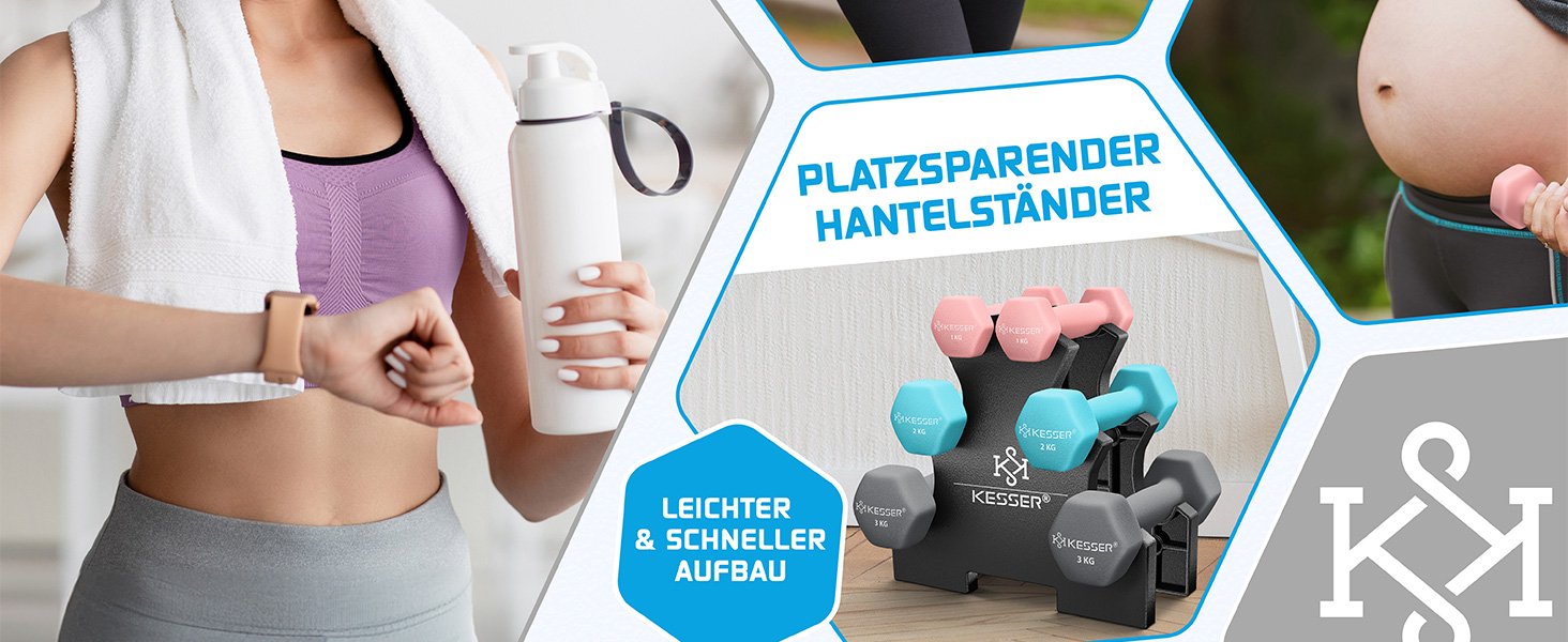 Набір гантелей KESSER® 18 кг з підставкою, 3 пари (1-5 кг), неслизьке неопренове покриття, з інструкцією та фітнес-гумками