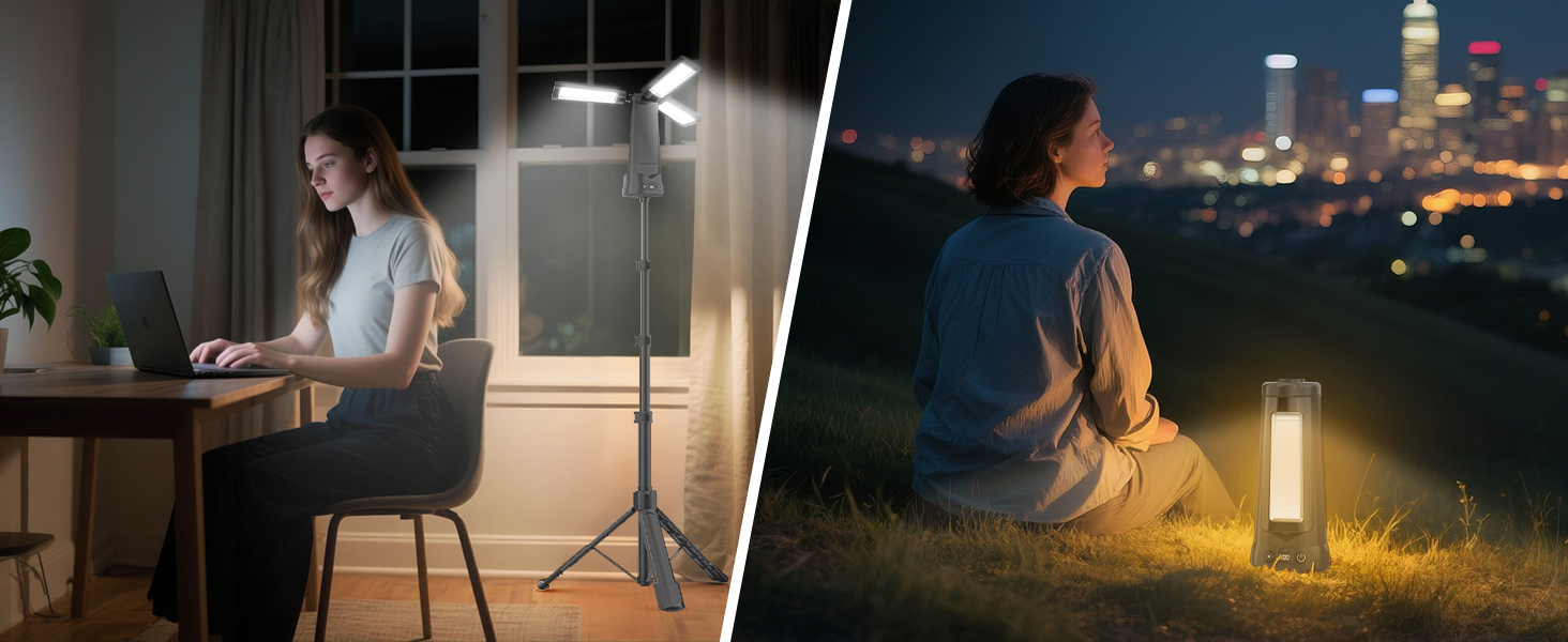 Портативна LED кемпінгова лампа на акумуляторі 15000mAh з телескопічним штативом, 5500LM, IP65, вологостійка, для кемпінгу, подорожей, будівництва та надзвичайних ситуацій (чорна)