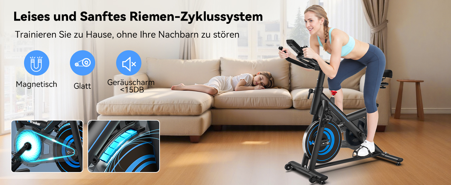 Велотренажер Wenoker з додатком, тихий ергометр, фітнес-велосипед для кардіотренувань вдома, до 160 кг, чорно-синій