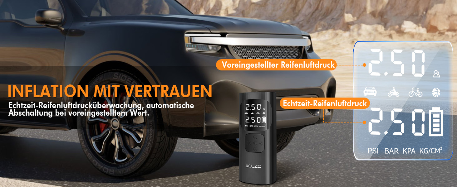 Електричний компресор ELZO для велосипедів, м'ячів та авто: 150 PSI, 7500mAh, LCD-дисплей, автостоп