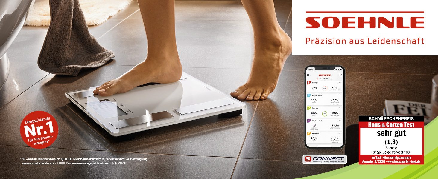 Шкала жиру в організмі Soehnle Shape Sense Connect 100 з Bluetooth, додаток Bathroom Scale plus, шкала аналізу жиру в організмі для BIA Premium Body Analysis, шкала жиру в організмі з додатком і великим РК-дисплеєм