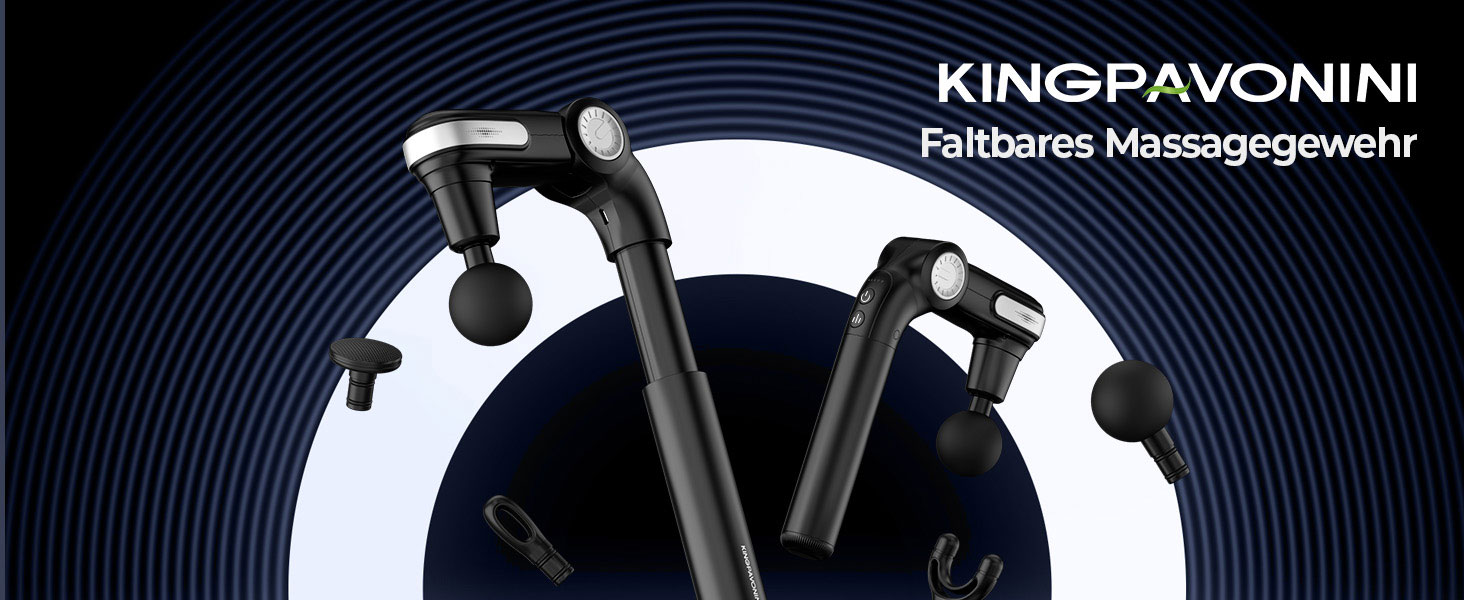 Масажер для тіла KingPavonini з висувним руків'ям та складним голівкою, масажна пістолета для спини з 3 регульованими кутами та 4 насадками, масажер - подарунок для чоловіків та жінок, чорний