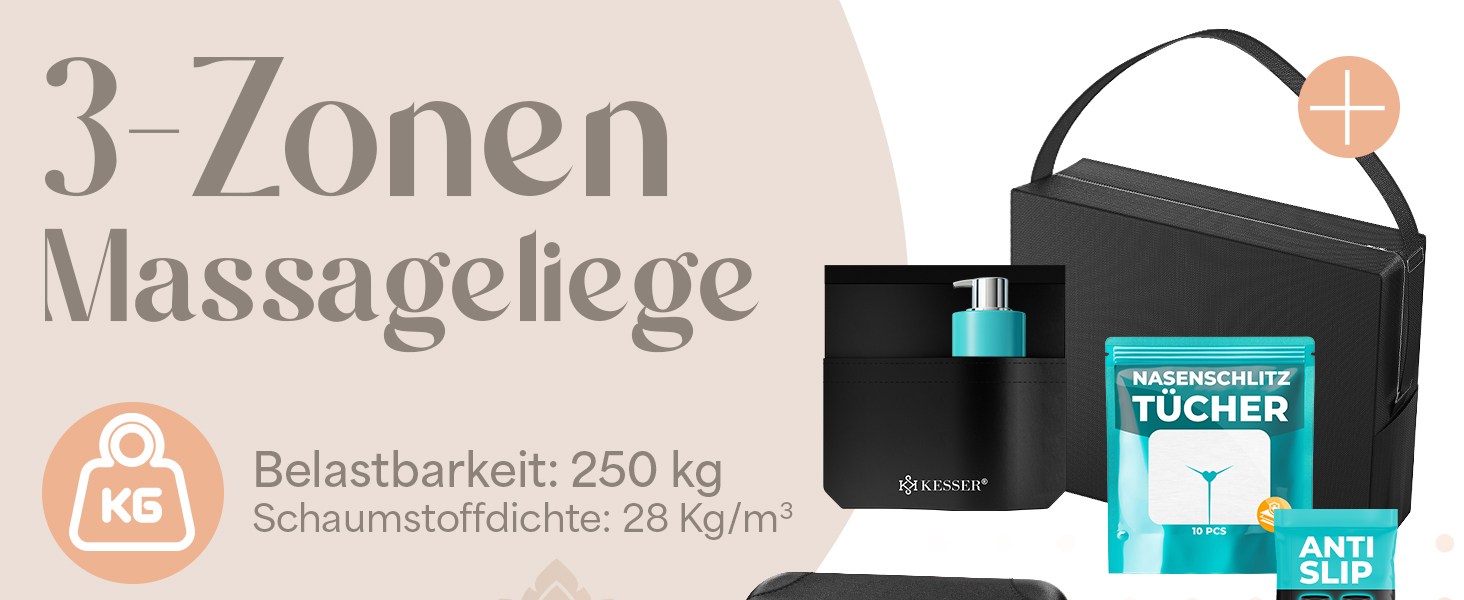 Масажне ліжко KESSER® з 3 зонами, до 250 кг, складне, регульоване, з аксесуарами (підголовник, підлокітники, сумка), антиковзне покриття, бежеве